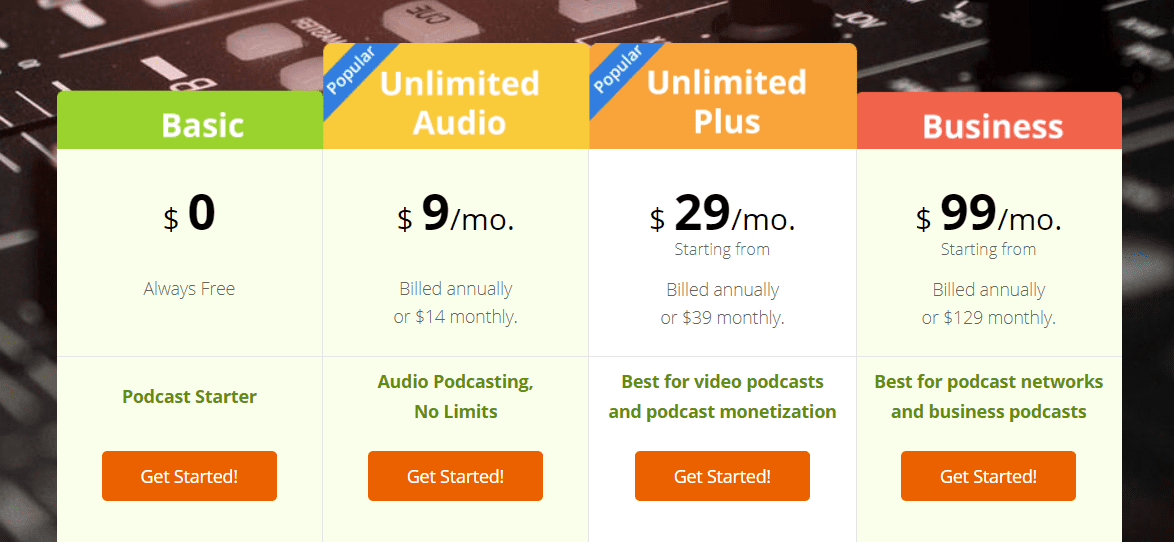 Podcast distribution software - Podbean Pricing Table