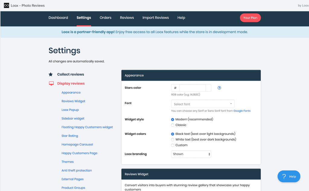 Loox Settings page